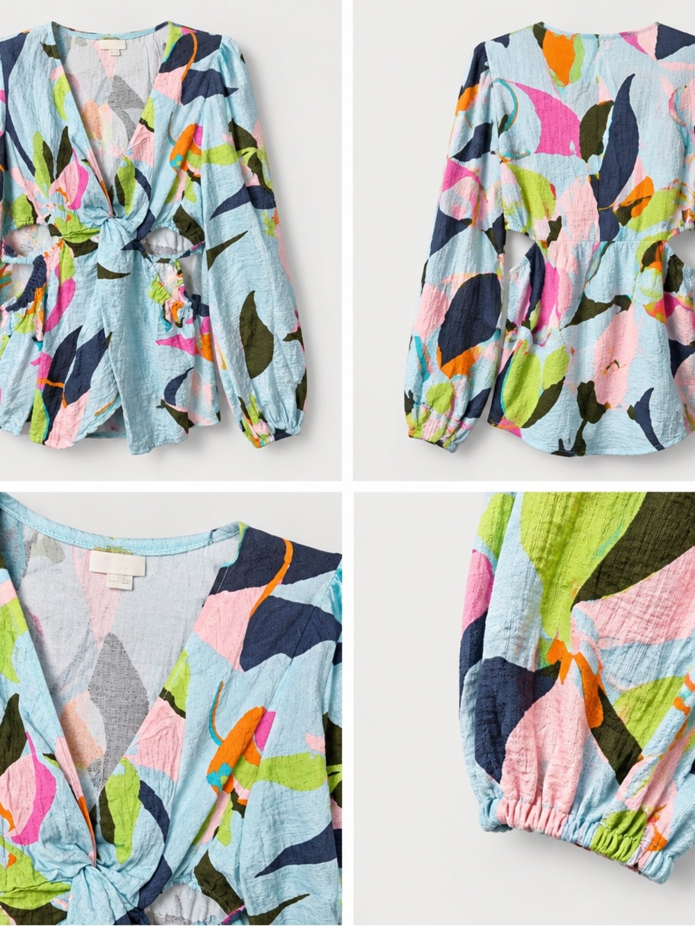 🌺💙 A New Day Tropical Abstract Floral Twist-Front Cutout Blouse – L 💙🌺